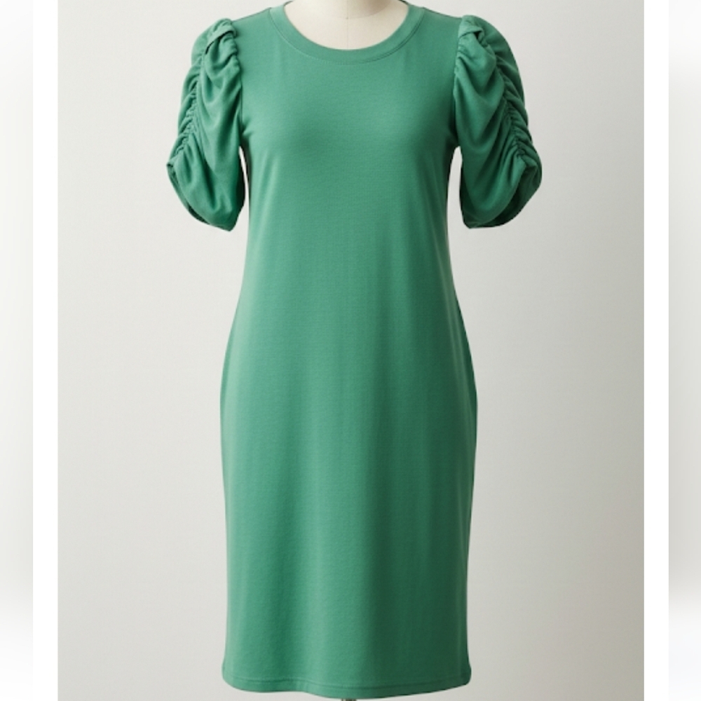 Emerald Green Sheath Dress Rouched Sleeves with Pockets Sz Medium Soft Casual